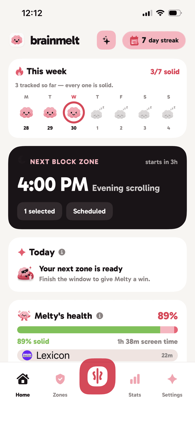 Brainmelt home screen showing a 7 day streak and next block zone