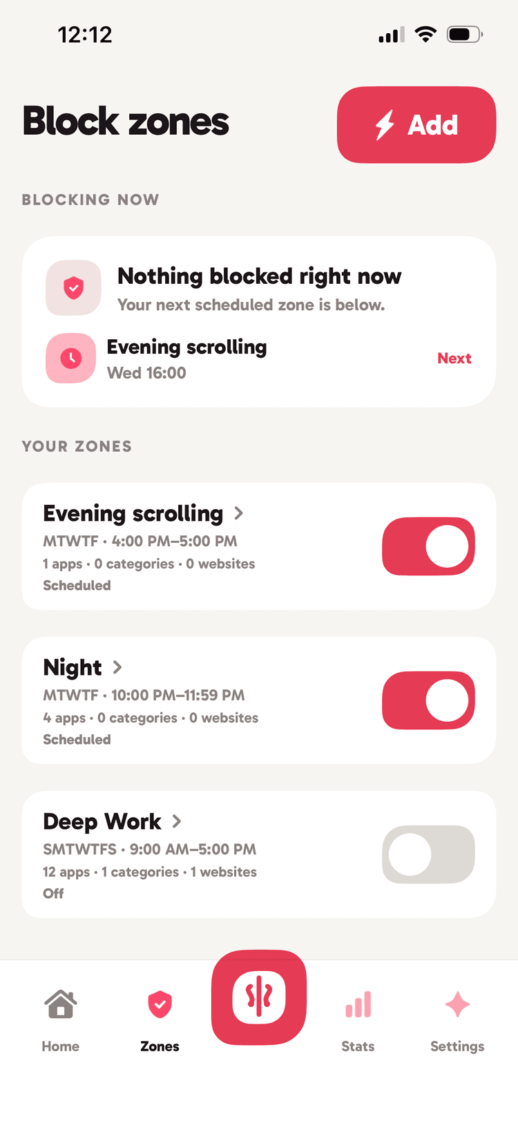 Brainmelt Block zones screen
